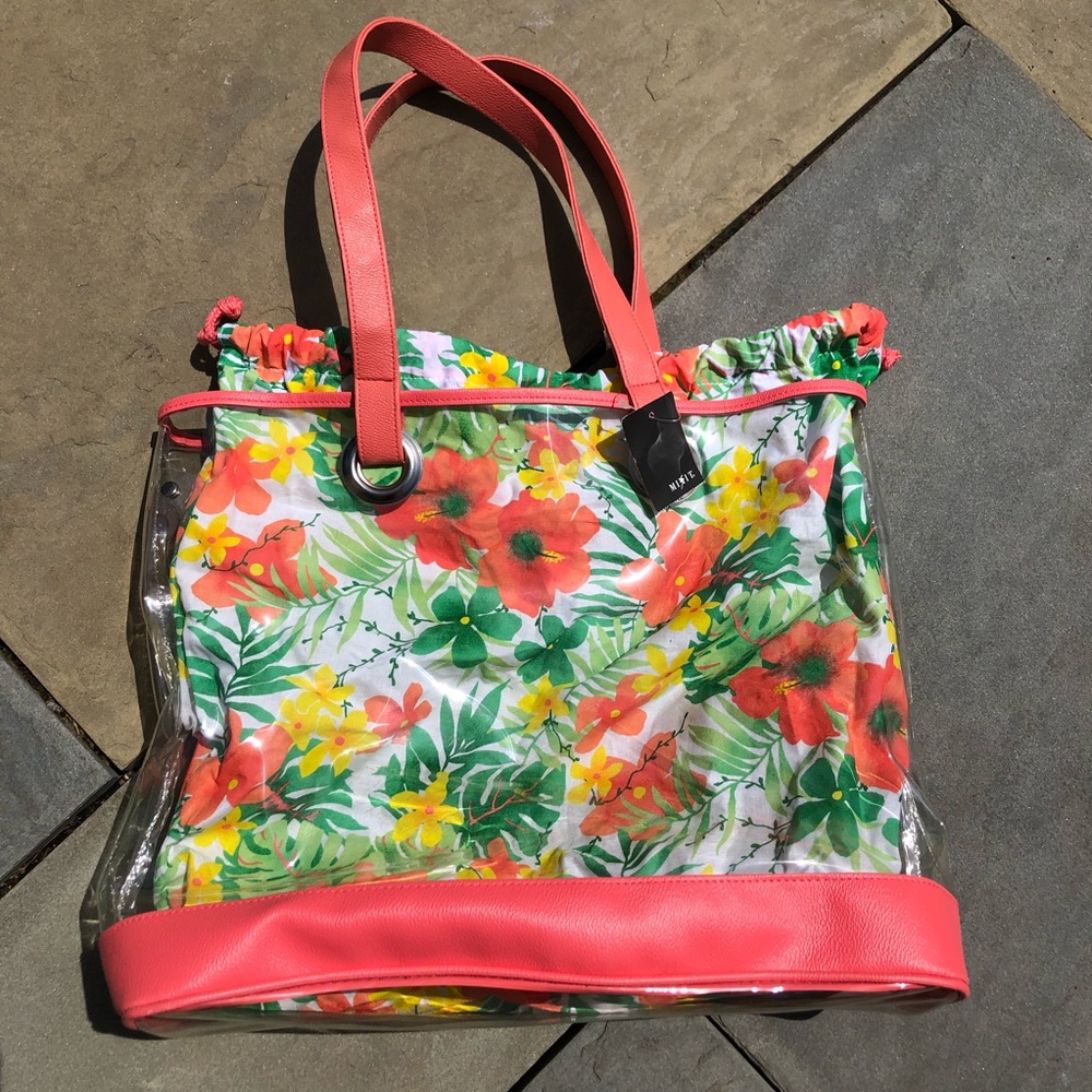 Vintage Y2K Floral Coral Clear Tote Bag, removable liner